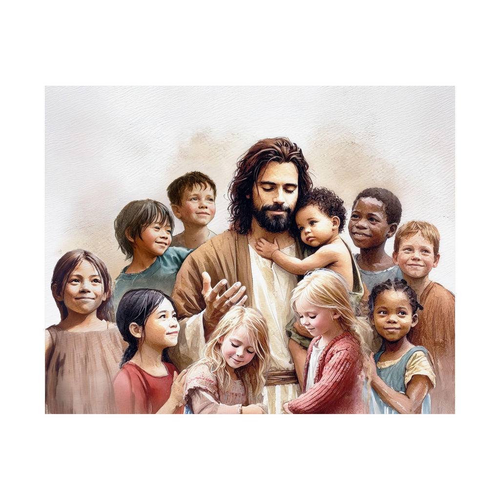 "Jesus and The Little Ones" Multicultural Christian Art | Kids Nursery Poster