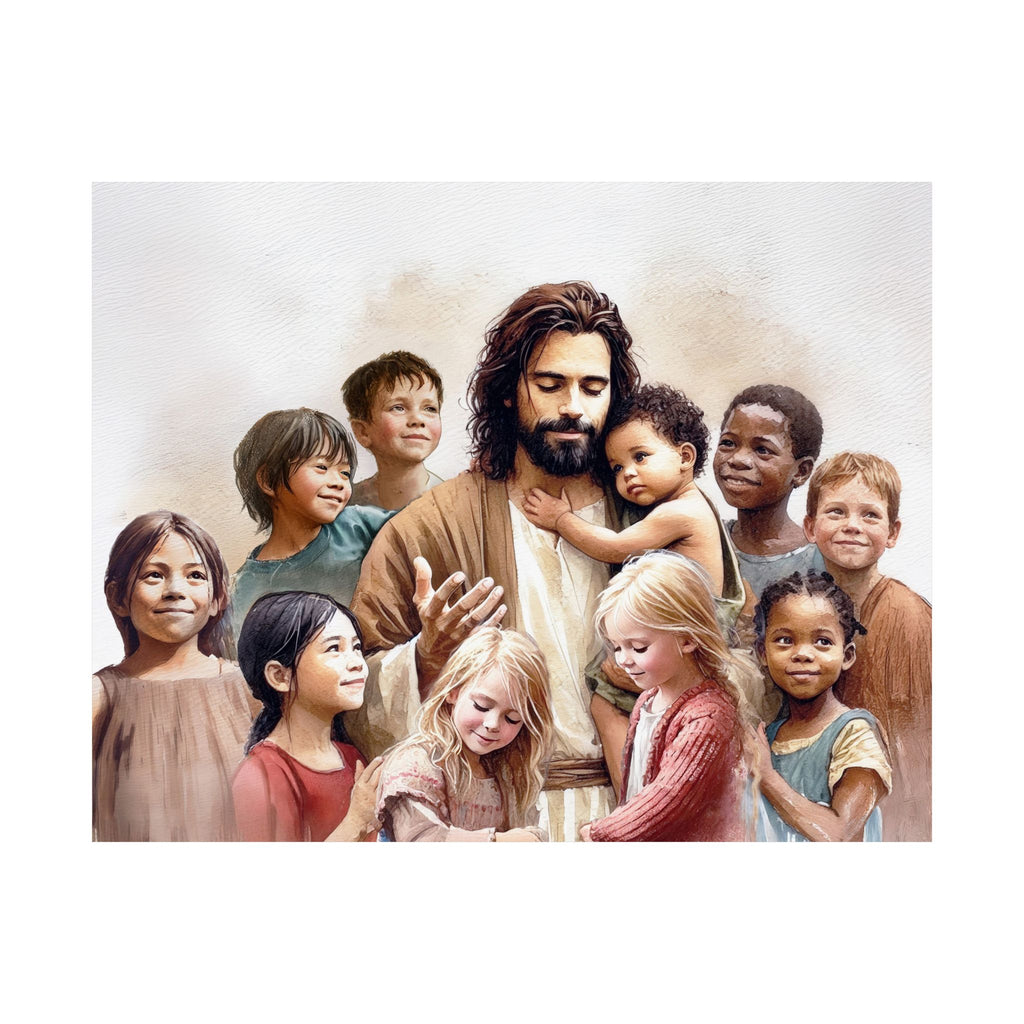 "Jesus and The Little Ones" Multicultural Christian Art | Kids Nursery Poster