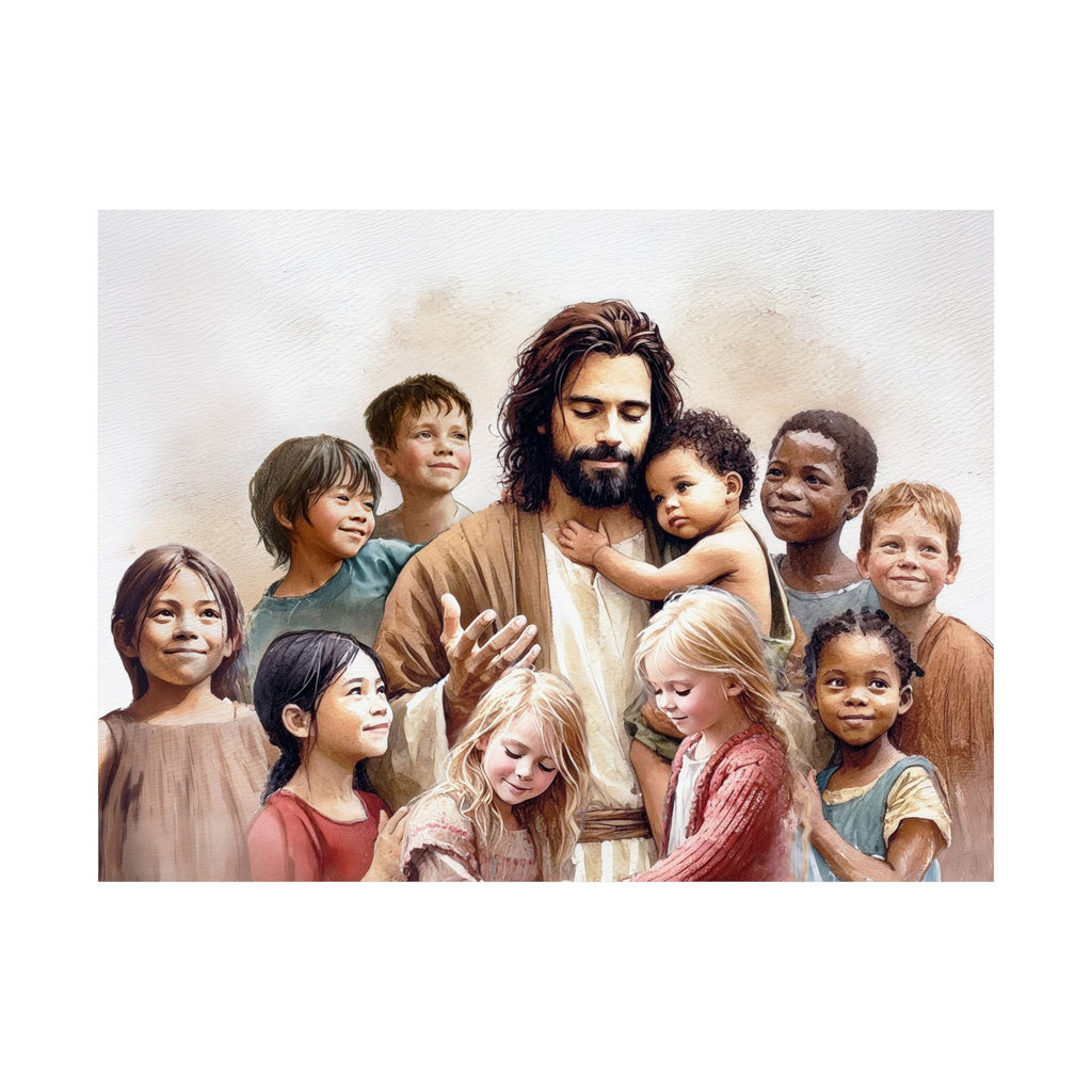 "Jesus and The Little Ones" Multicultural Christian Art | Kids Nursery Poster