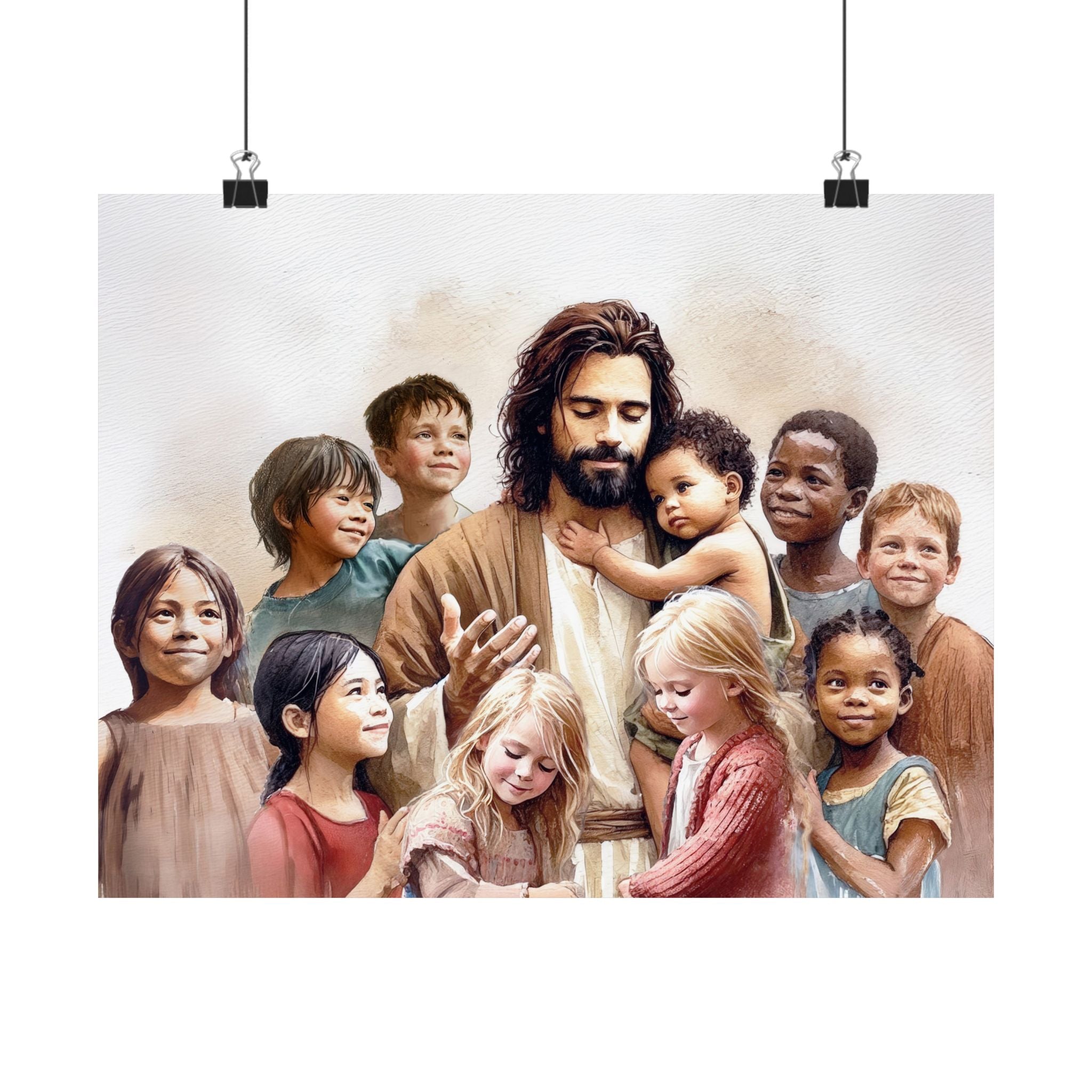 "Jesus and The Little Ones" Multicultural Christian Art | Kids Nursery Poster