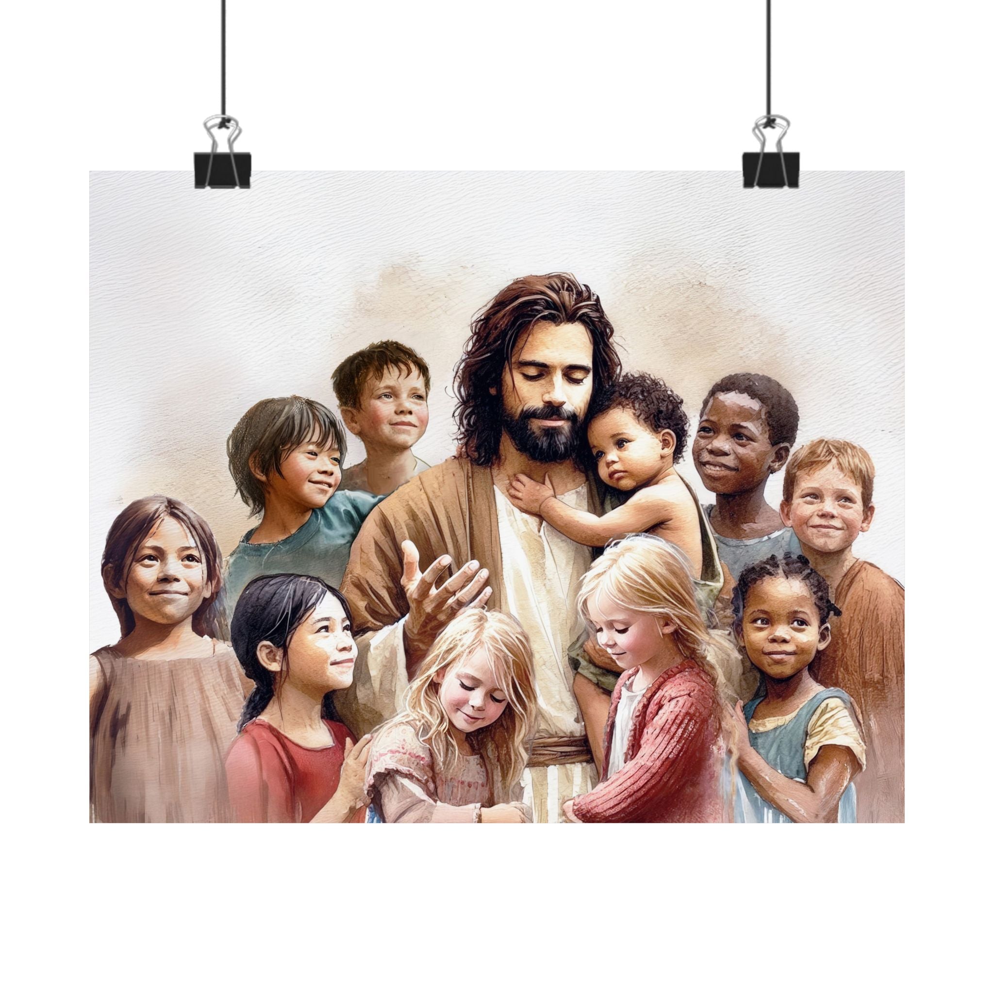 "Jesus and The Little Ones" Multicultural Christian Art | Kids Nursery Poster